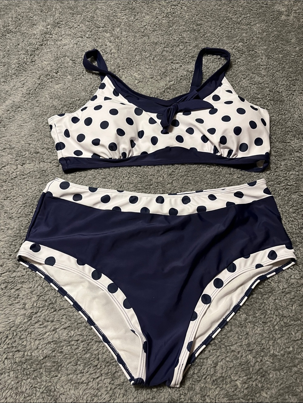 Navy and White Polka Dot Two-Piece Swimsuit Silky Bathing Swimming Size XXL